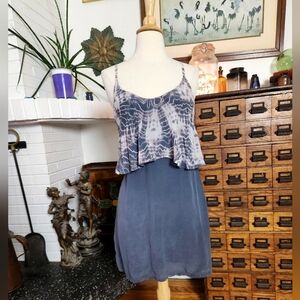 Free People G*psy 100% Silk Mini Dress Gray With Tie Dye Overlay Size Small